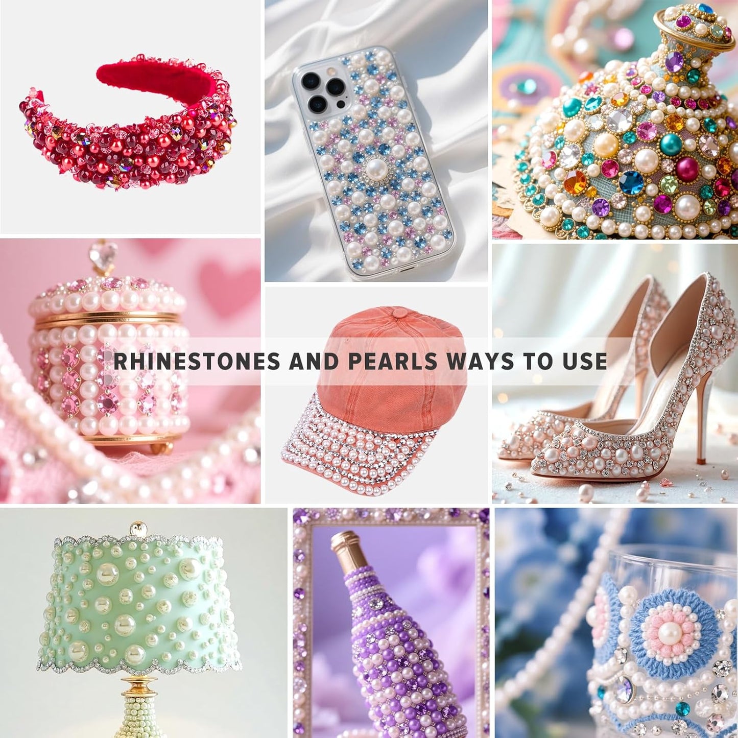 80g Mix Flatback Pearls and Rhinestones for Crafts Silver Gray White Mixed Size 2mm-10mm Half Round Pearls Rhinestones for Nail Art Tumblers Shoes DIY Bedazzling with Tweezers Wax Pen