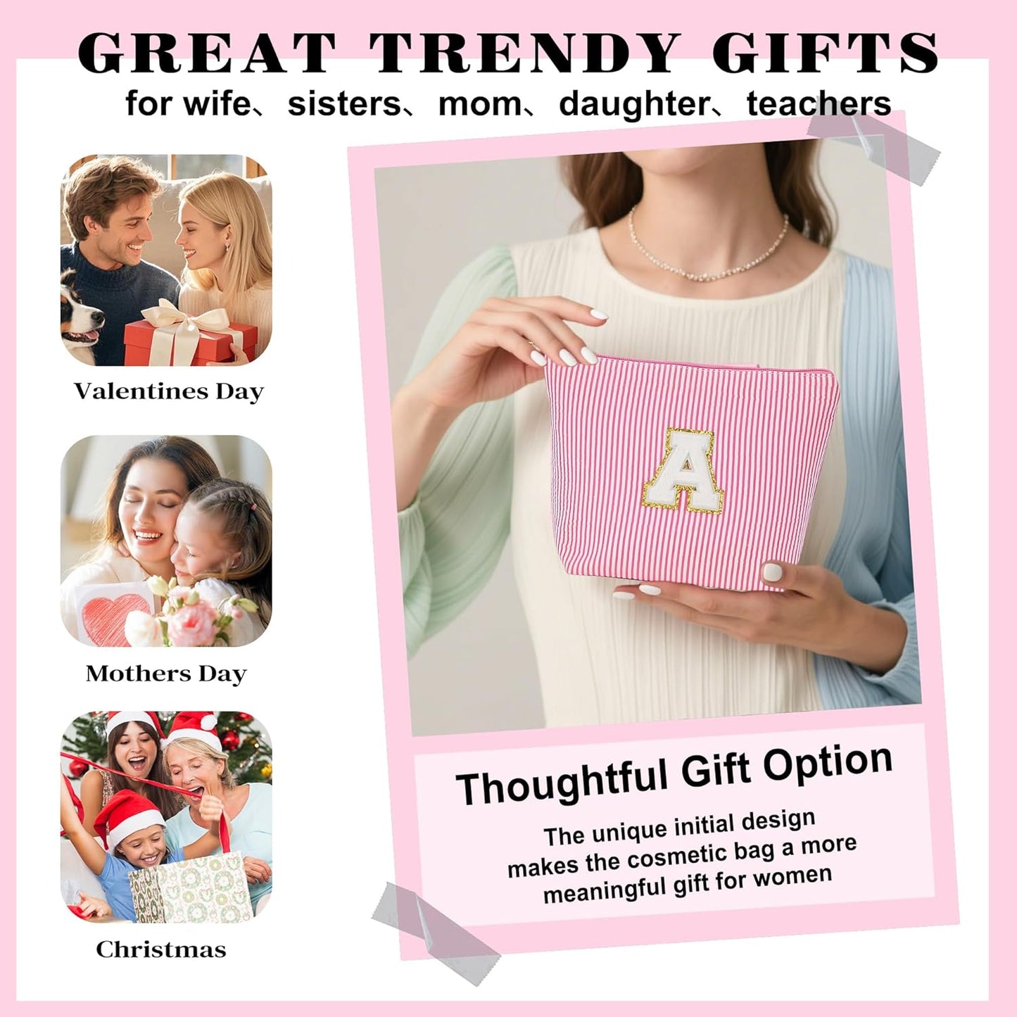 Sister Birthday Gifts for Girls - Travel Makeup Bag, Big Sister Gifts for Girls 6-12 Year Old Girl Gift Teen Girl Gifts Trendy Stuff, Cute Stuff Initial Makeup Bags Set, Pink Letter S