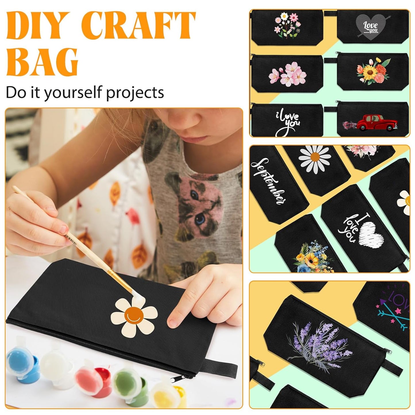 Saintrygo 30 Pcs Makeup Bag Travel Canvas Cosmetic Bag Bulk Multipurpose Small Makeup Pouch for Purse Portable Blank Zipper Toiletry Organizer DIY for Women Assorted Color (Black,9.8 x 5 x 2 Inch)