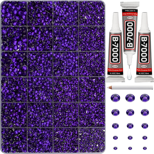30000Pcs Resin Rhinestones for Crafting Bedazzling, Purple Flatback Gems Crystal for Crafts Clothing Clothes Shoes Fabric Tumbler Tshirt, Flat Back Jewels Bulk Multisized with b7000 Glue