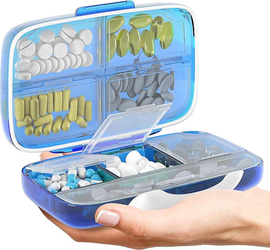 Travel Pill Organizer - Airtight Medicine Case for Traveling Portable Pharmacy Box with Labels Vitamin Container 8 Compartment Supplement Medication Holder Large Capacity Daily (Blue)