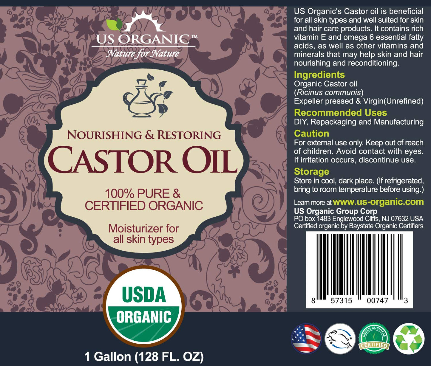 US Organic Castor Oil, Certified Organic, Expeller Pressed, Hexane Free, Natural moisturizing & emollient properties, Skin, Hair Care, Eyelashes, Size for DIY & small manufacturers (128 oz (1 Gallon))