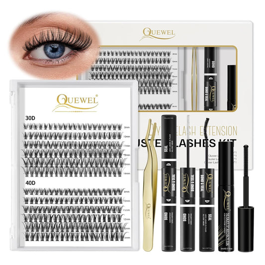 QUEWEL Lash Clusters Kit, 240 Pcs Lash Clusters 30D+40D DIY Lash Extensions Kit with Applicator Tool, Bond and Seal Super Hold, Glue Remover Easy to Apply at Home(30D+40D D MIX8-14)