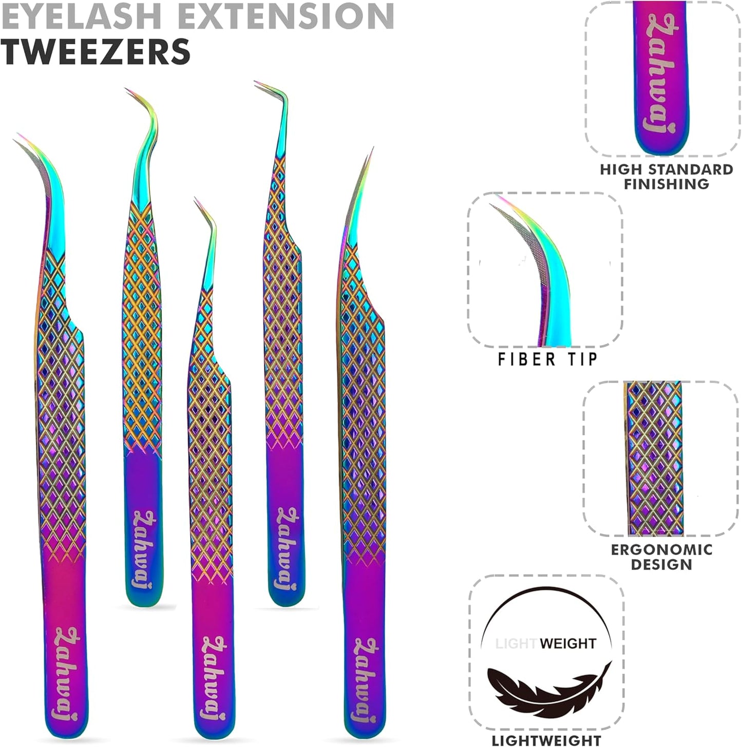 Lash Tweezers - Set of 5 Diamond Grip Eyelash Tweezers - Stainless Steel Professional Fiber Tip Lash Tweezer for Eyelash Extensions (Rainbow)