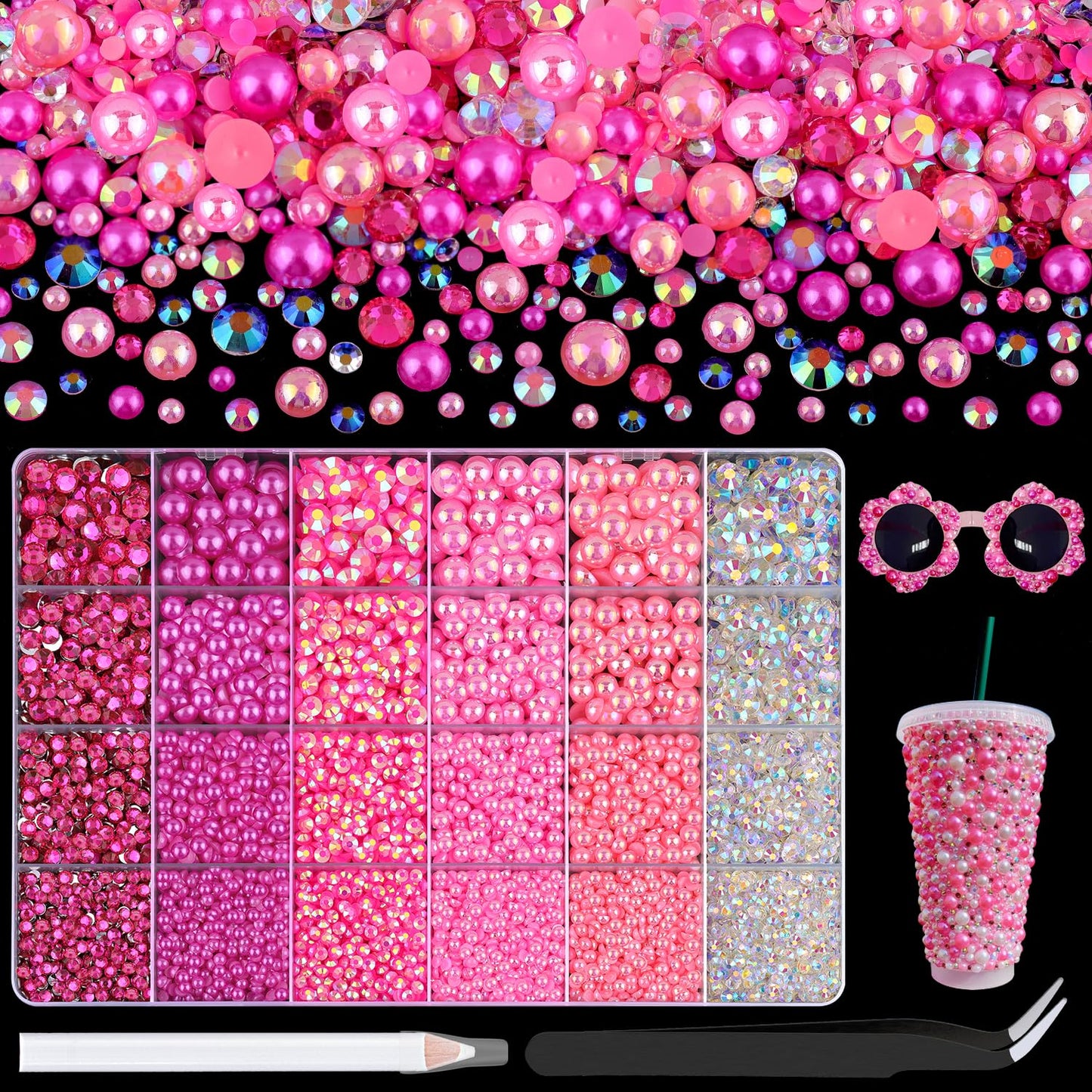 9000Pcs Flatback Pearls and Rhinestones for Crafting, Hot Pink Light Pink Mixed Size 3-8mm Resin Rhinestones and Half Pearls for Bedazzling, Nail Art with Tweezers and Pickup Pencil