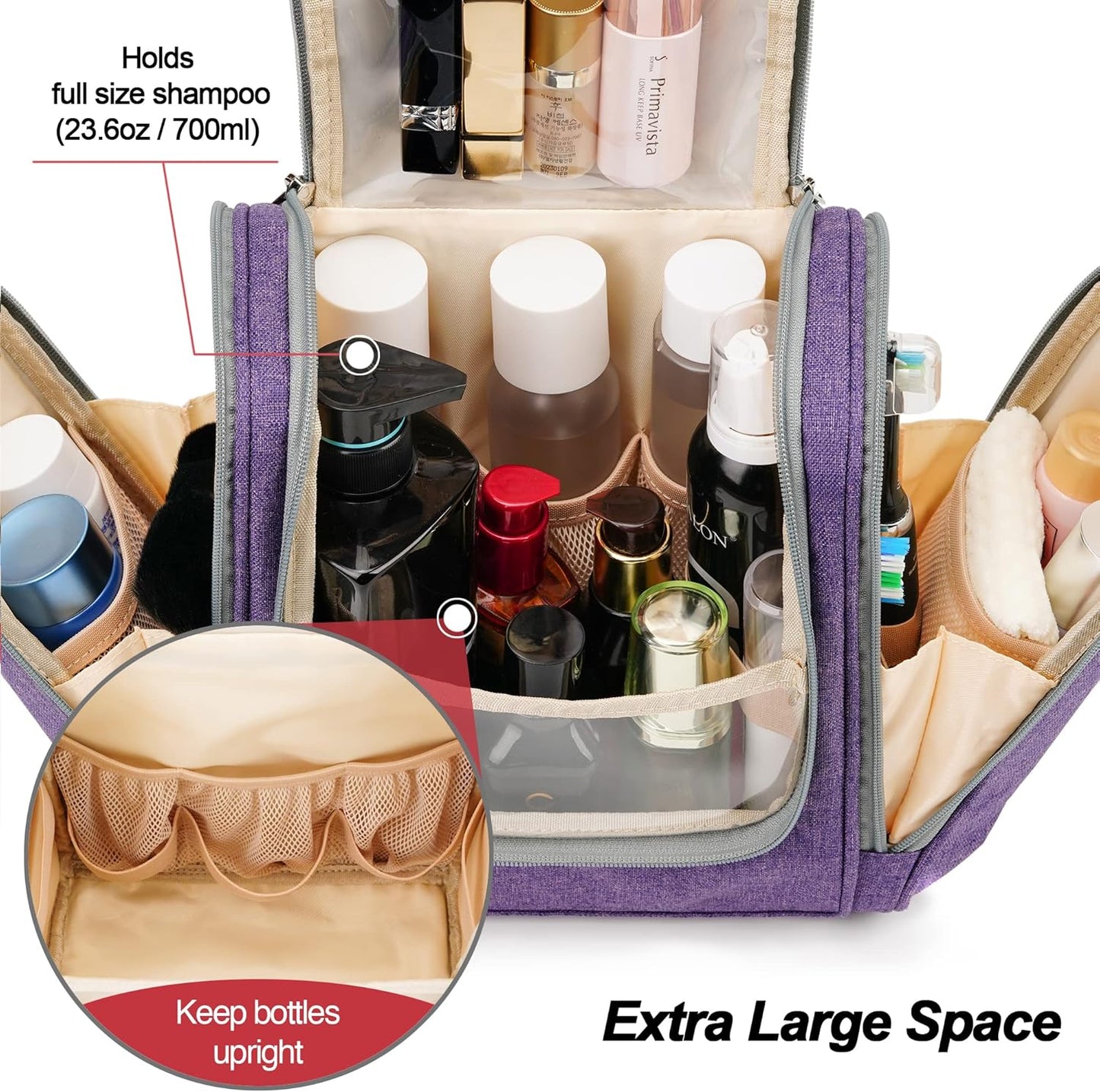 Hanging Travel Toiletry Bag for Women and Men, 6 Organizer Compartments, Extra Large Toiletries Bag, Bathroom Cosmetic Bag, Water-resistant Makeup Bag, Holds Full-Size Shampoo, Purple