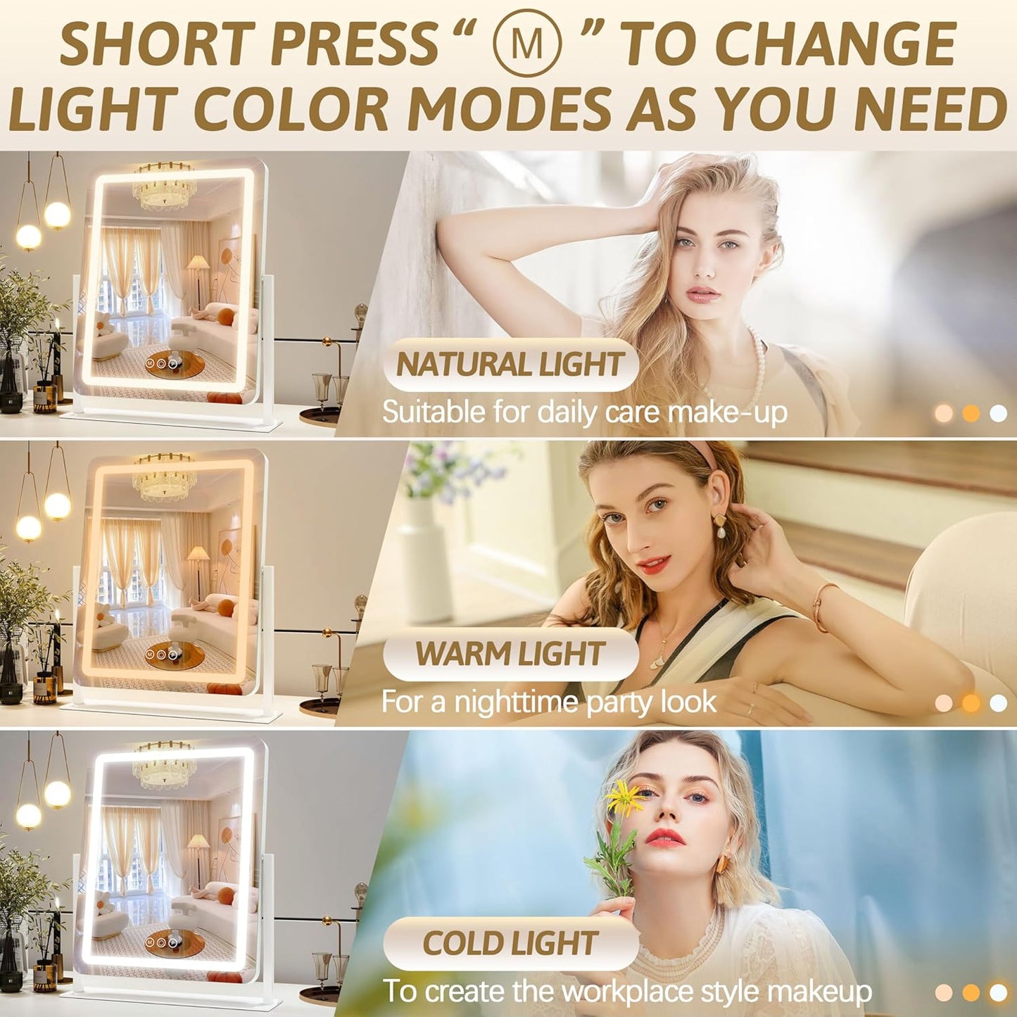 22x18 Inch Vanity Mirror with Lights, 3 Color Dimmable LED Lighting, Smart Touch Control & 360° Rotation, Large Makeup Mirror for Bedroom, Dressing Room (White)