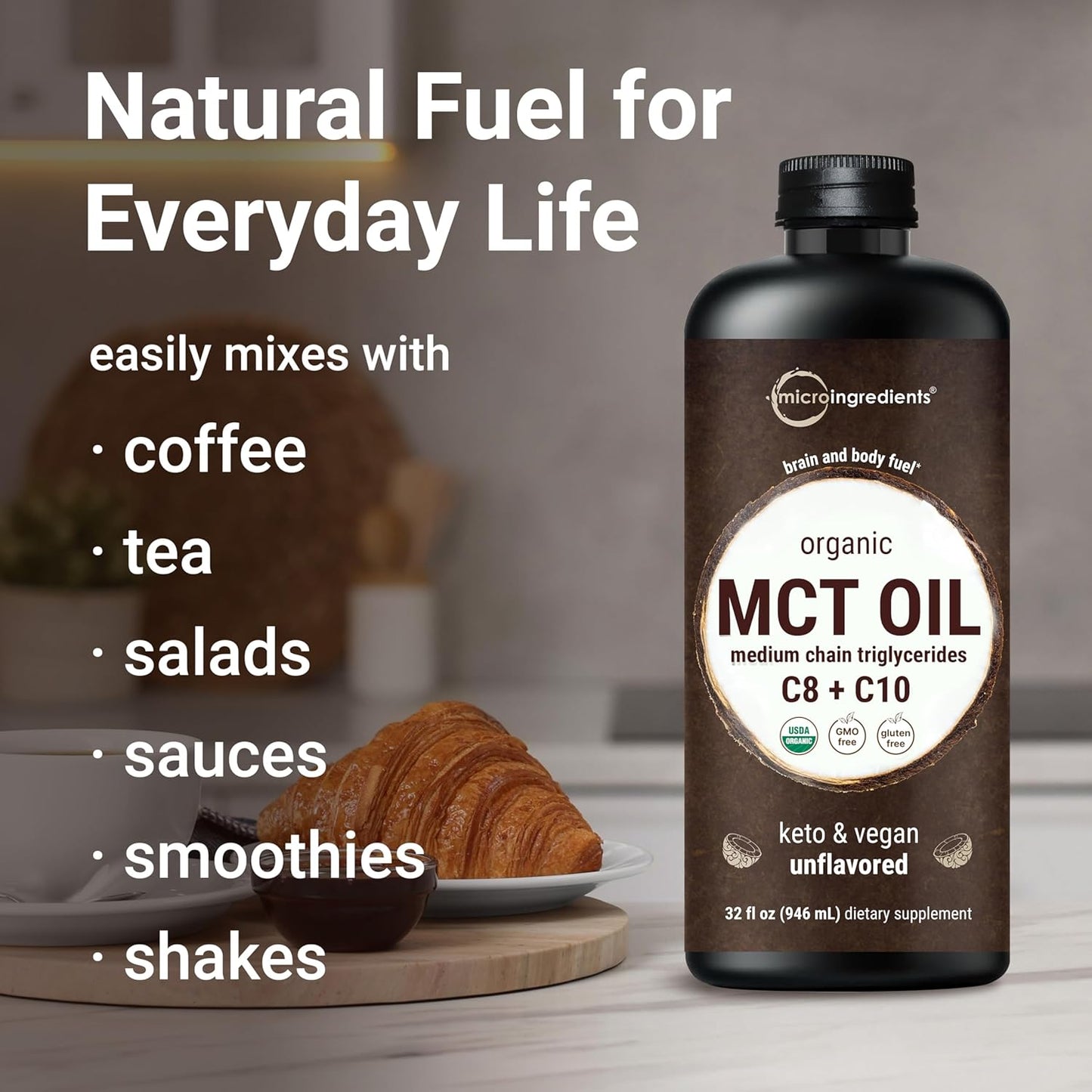 MCT Oil Organic, 32 fl oz |100% Virgin Coconut with C8 + C10 Fatty Acids | Natural Fuel for Brain Energy & Ketone Production | Great for Coffee or Dressings | Unflavored, Keto, Vegan
