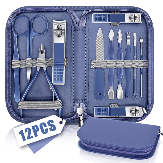 Manicure Set Professional Nail Clippers Pedicure Kit, 12 Pcs Stainless Steel Nail Care Tools Grooming Kit with Luxurious Travel Leather Case for Men Women Gift (Blue)