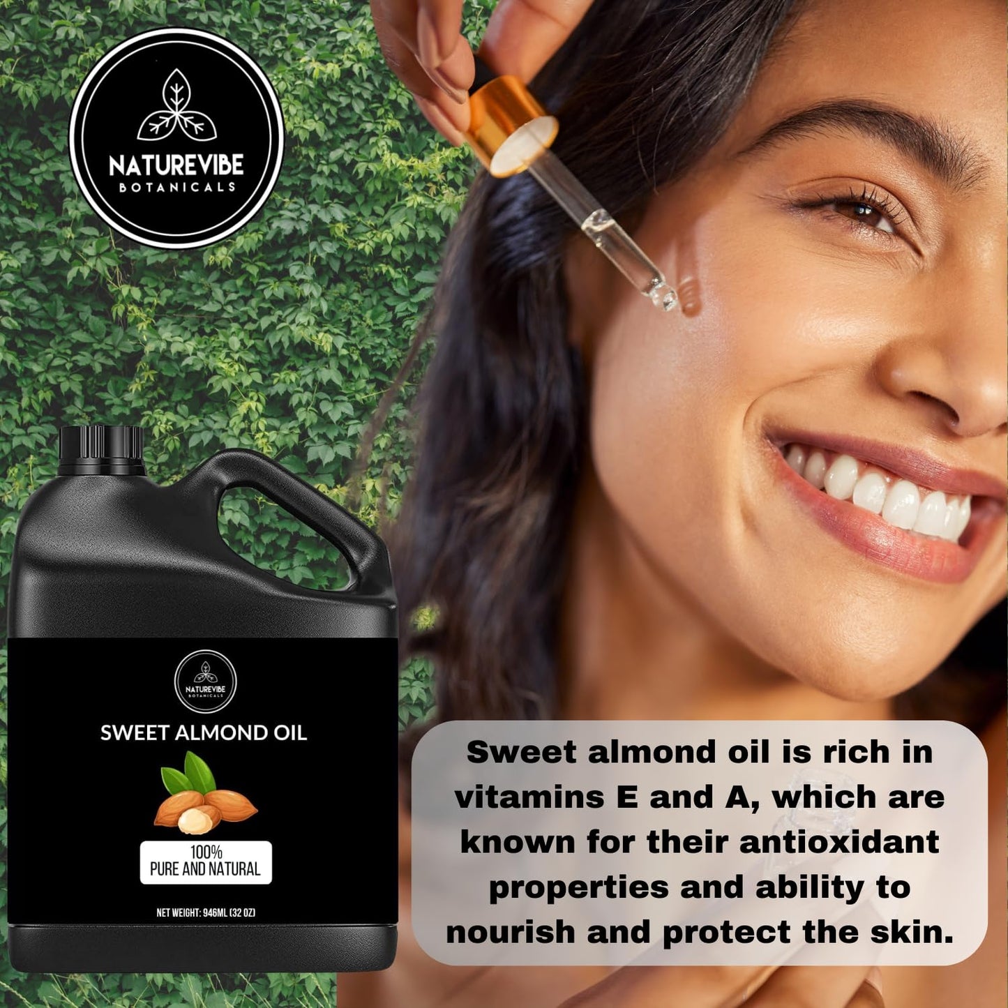 Naturevibe Botanicals Sweet Almond Oil 32 Ounces | 100% Pure and Natural Unrefined Cold Pressed Carrier Oil | Great for Skin Care and Hair Care