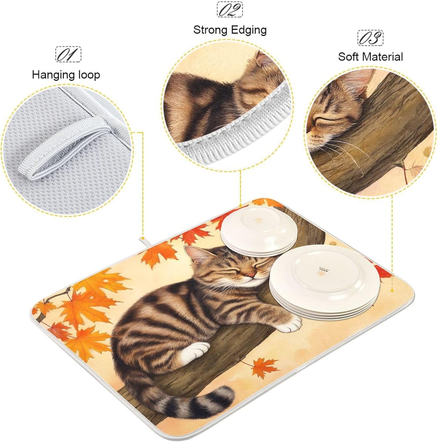 Fall Cats Dish Drying Mat for Kitchen Countertop 16x18 Autumn Maple Leaves Kitty Thanksgiving Day Small Drying Mat Reusable Quick Dry Dish Sink Mats Easy Clean Decorative Essentials