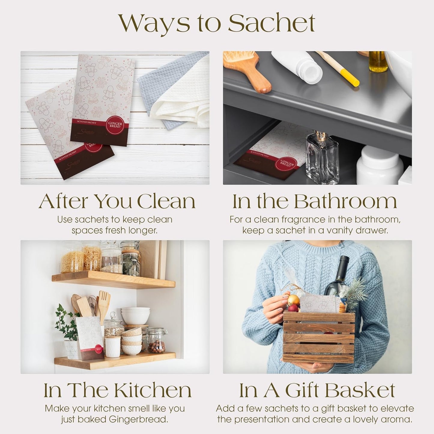 Simplicity Scents Gingerbread Scented Sachets Pack of 6, Fall & Winter - Long-Lasting Scented Bags, Home Fragrance, Air Freshener & Deodorizer for Closet, Room, Drawer, or Cars, Made in USA