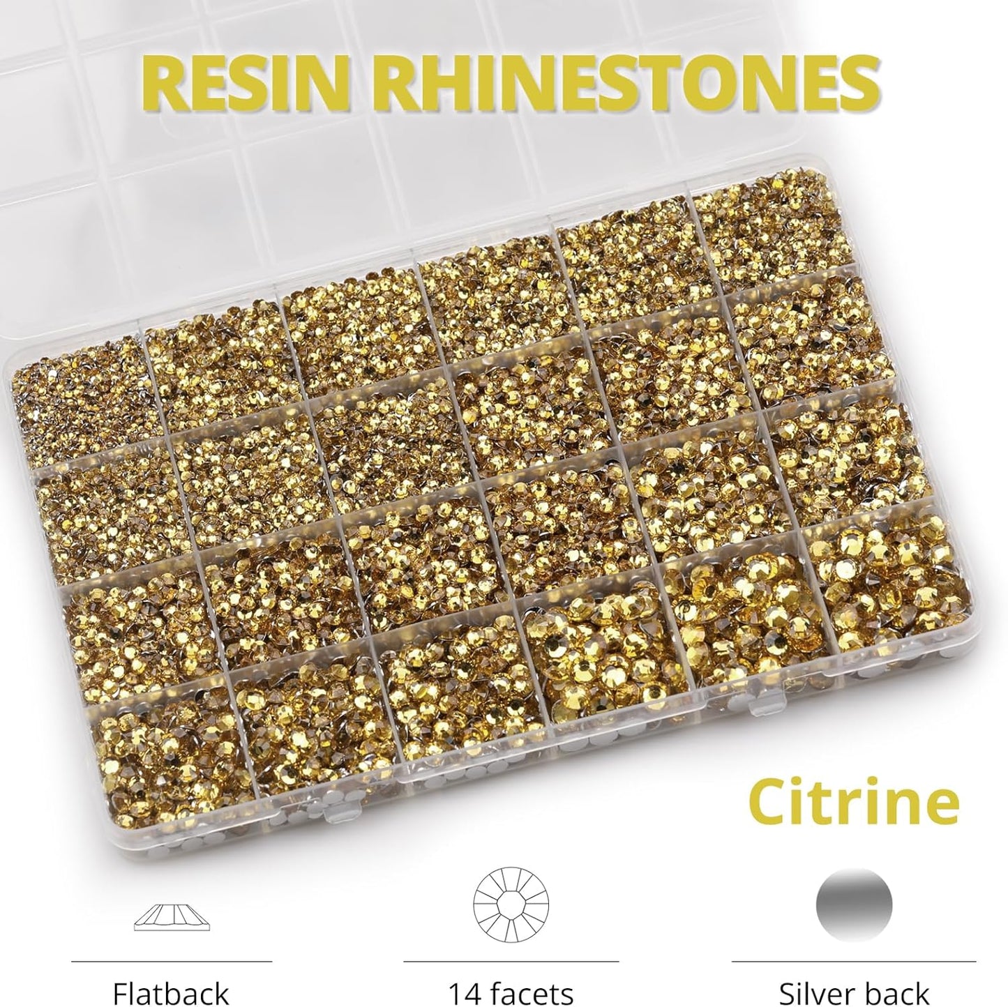 30000Pcs Resin Rhinestones Set for Crafting Bedazzling, Citrine Flatback Gems Jewels for Crafts Clothes Shoes Fabric Outfit Nails Makeup, Flat Back Crystal 2-6mm with b 7000 Glue