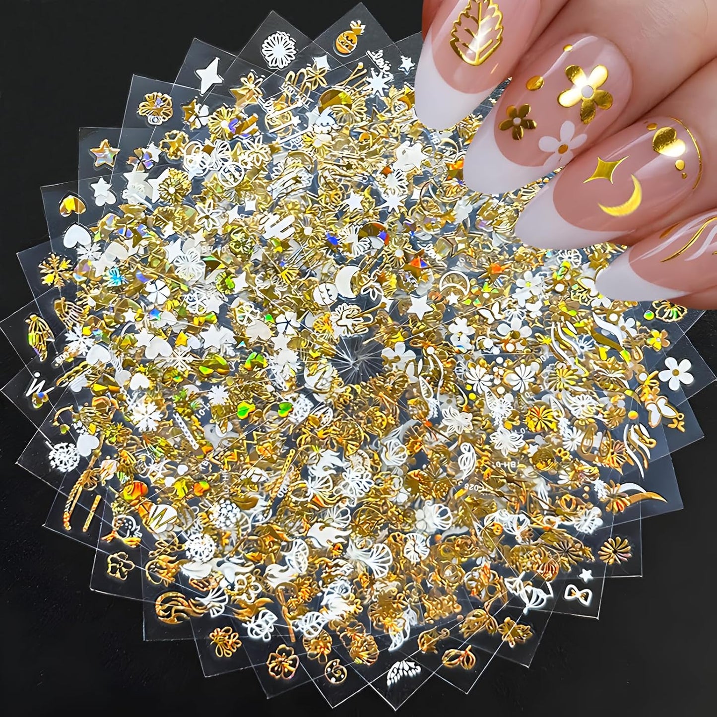 30 Sheets Gold Nail Art Stickers 3D Self Adhesive Star Nail Decals Gold Flower Nail Stickers for Nail Art Heart Snowflake Nail Art Design Decoration Accessories for Women and Girls, Style 2