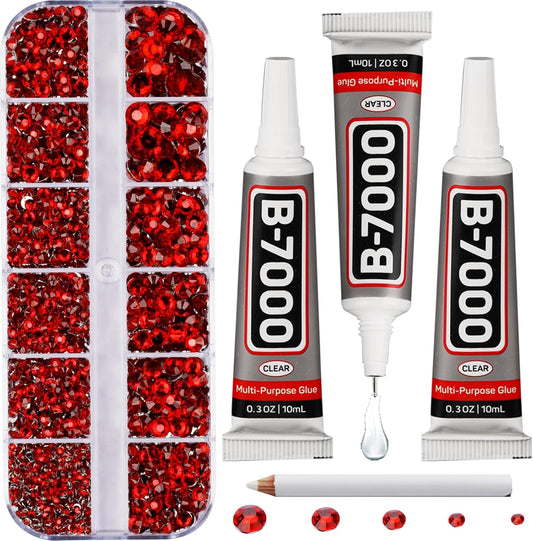 6000Pcs Red Rhinestones for Crafting Bedazzling with b-7000 Jewelry Glue, Resin Flatback Crystals Diamonds for Crafts Clothing Clothes Shoes Decoration, Flat Back Gems Different Sizes
