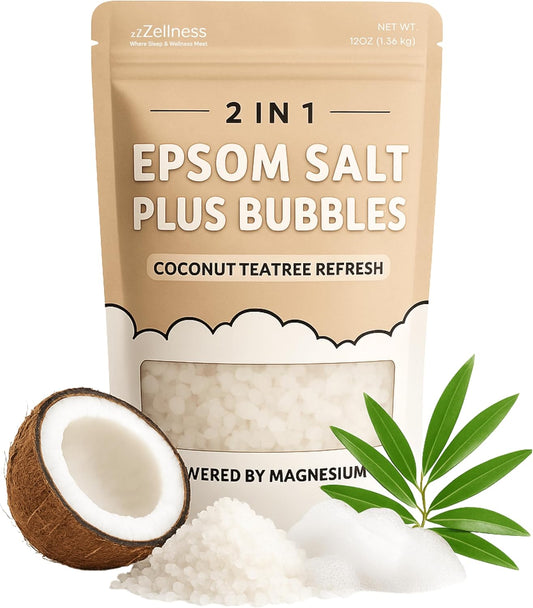 Epsom Salt Plus Bubbles – Coconut & Teatree Scented Foaming Bath Soak – Magnesium Sulfate for Muscle Recovery, Stress Relief & Relaxation – Great for Aromatherapy – 12 oz