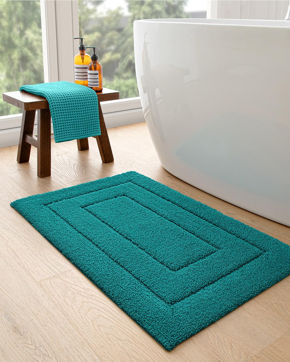 DEXI Bathroom Rug 24x16, Non Slip Washable Bath Mat for Shower Floor, Absorbent Soft Bathmat with Rubber Backing, Quick Dry Microfiber Carpet, Teal