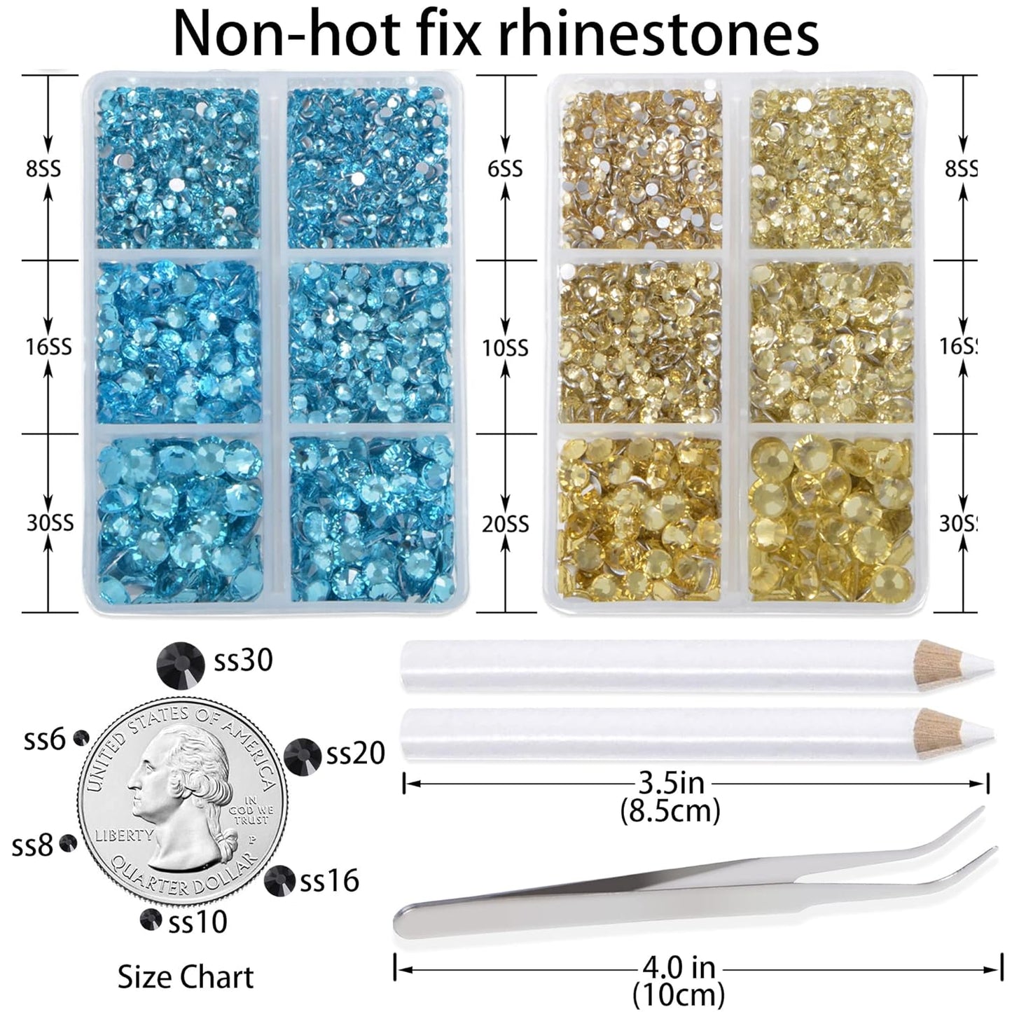 LPBeads 6000 Pieces Aquamarine and Jonquil Non Hotfix Rhinestones 6 Sizes Round Crystal Glass Flat Back Rhinestones with Tweezers and Picking Pen for Nail Art Crafts Clothes Bags DIY