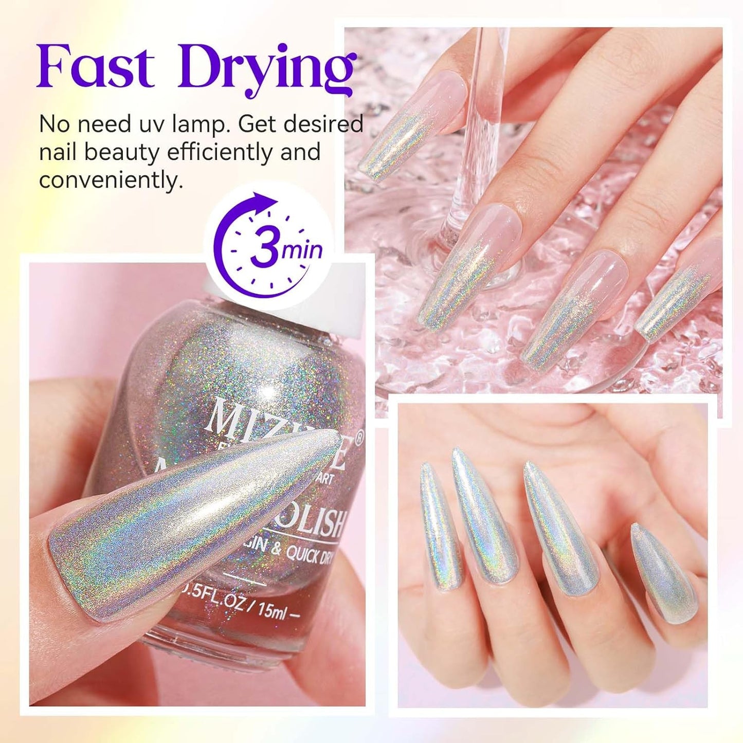 MIZHSE Holographic Nail Polish, Silver Glitter Nail Polish Air Dry Fast, 15 ml 0.5 fl oz High Glossy Shiny Nail Pigment Oil-based Laser Iridescent Nail Lacquer Chrome Halo Nail Art Salon Manicure Home