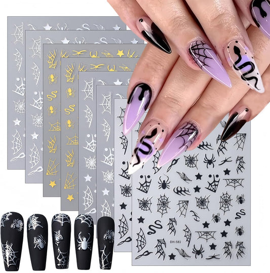 8 Sheets Spider Web Nail Art Stickers 3D Holographic Halloween Spider Snake Nail Decals Golden Silver Black White Design Nail Art Stickers for Women para Uñas DIY Manicure Art Halloween Decoration