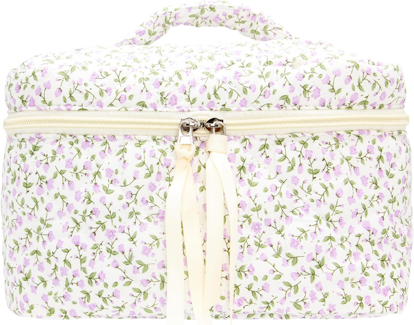 PAZIMIIK Quilted Makeup Bag Large Travel Zipper Soft Cosmetic Case for Women Girls Make Up,Floral Purple