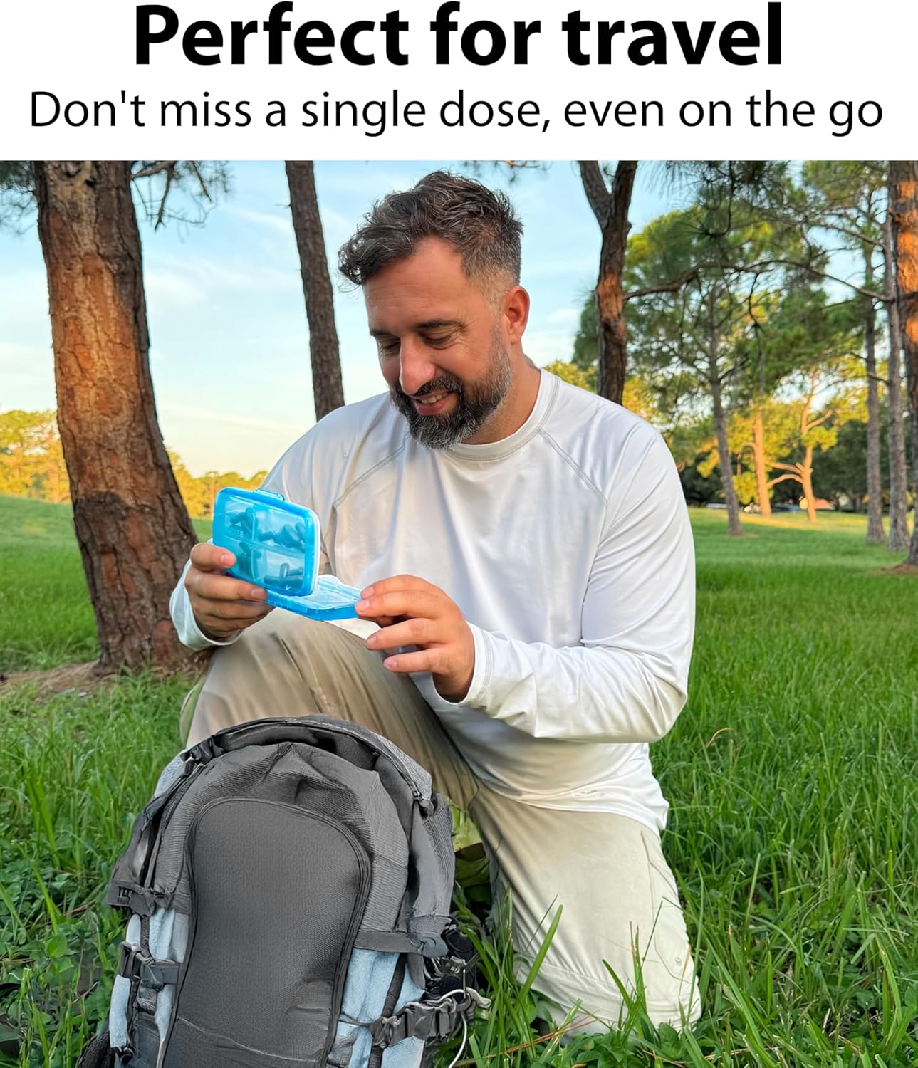 Travel Pill Organizer - Airtight Medicine Case for Traveling Portable Pharmacy Box with Labels Vitamin Container 8 Compartment Supplement Medication Holder Large Capacity Daily (Blue)