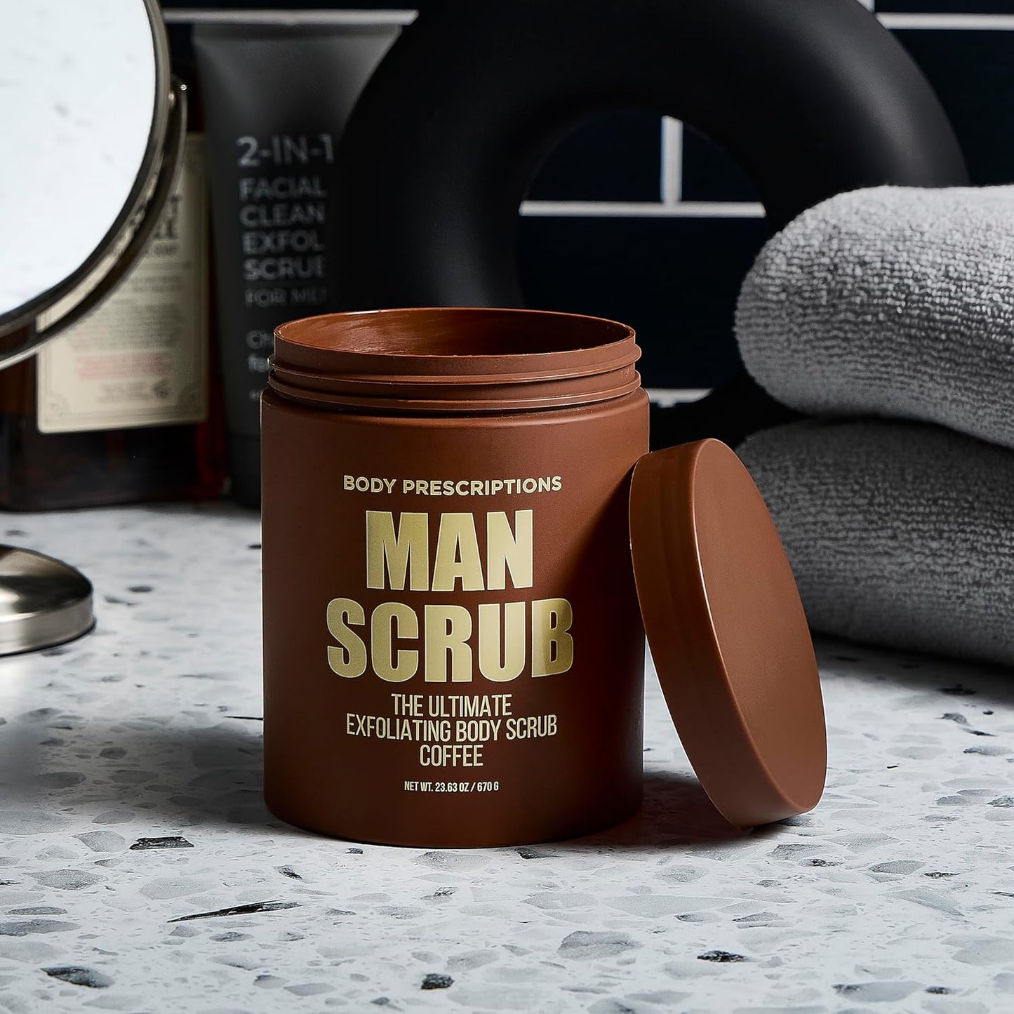 Body Prescriptions Men’s Exfoliating Body Scrub – Ultimate Skin Cleansing Wash in Jar with Twist-Top Lid, For All Skin Types, 21 Ounce (Pack of 1), Coffee