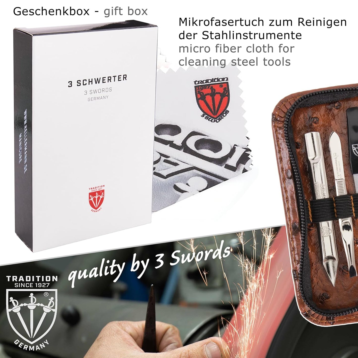 3 Swords Germany - brand quality 5 piece manicure pedicure grooming kit set with synthetic leather case ostrich cognac - Made in Germany