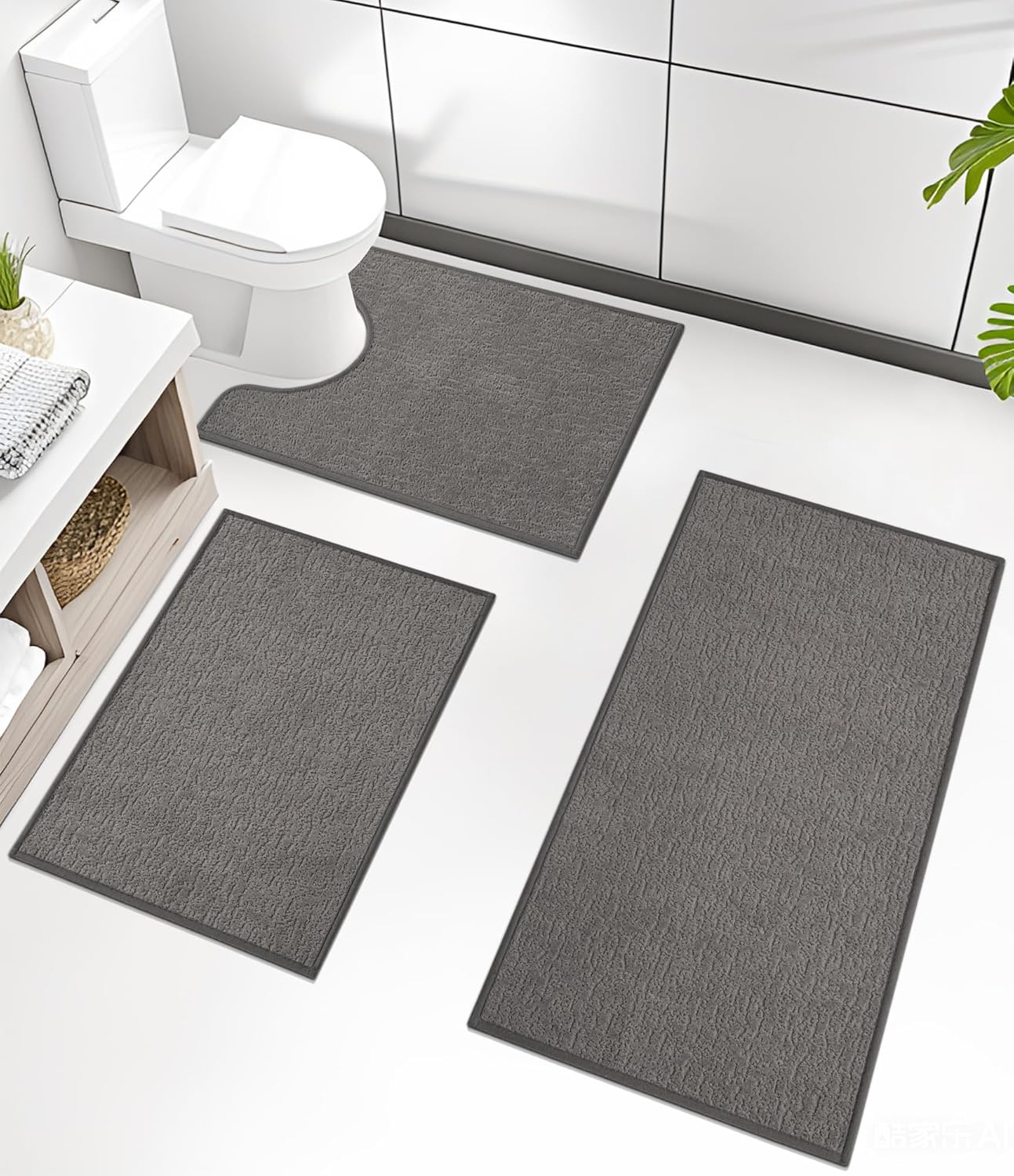 chakme Bathroom Rug Sets 3 Piece, Ultra Thin Bath Mat Quick Dry Bath Mat Set, Absorbent Bath Mat for Bathroom Non Slip Machine Washable, (Dark Grey, 3 Piece)