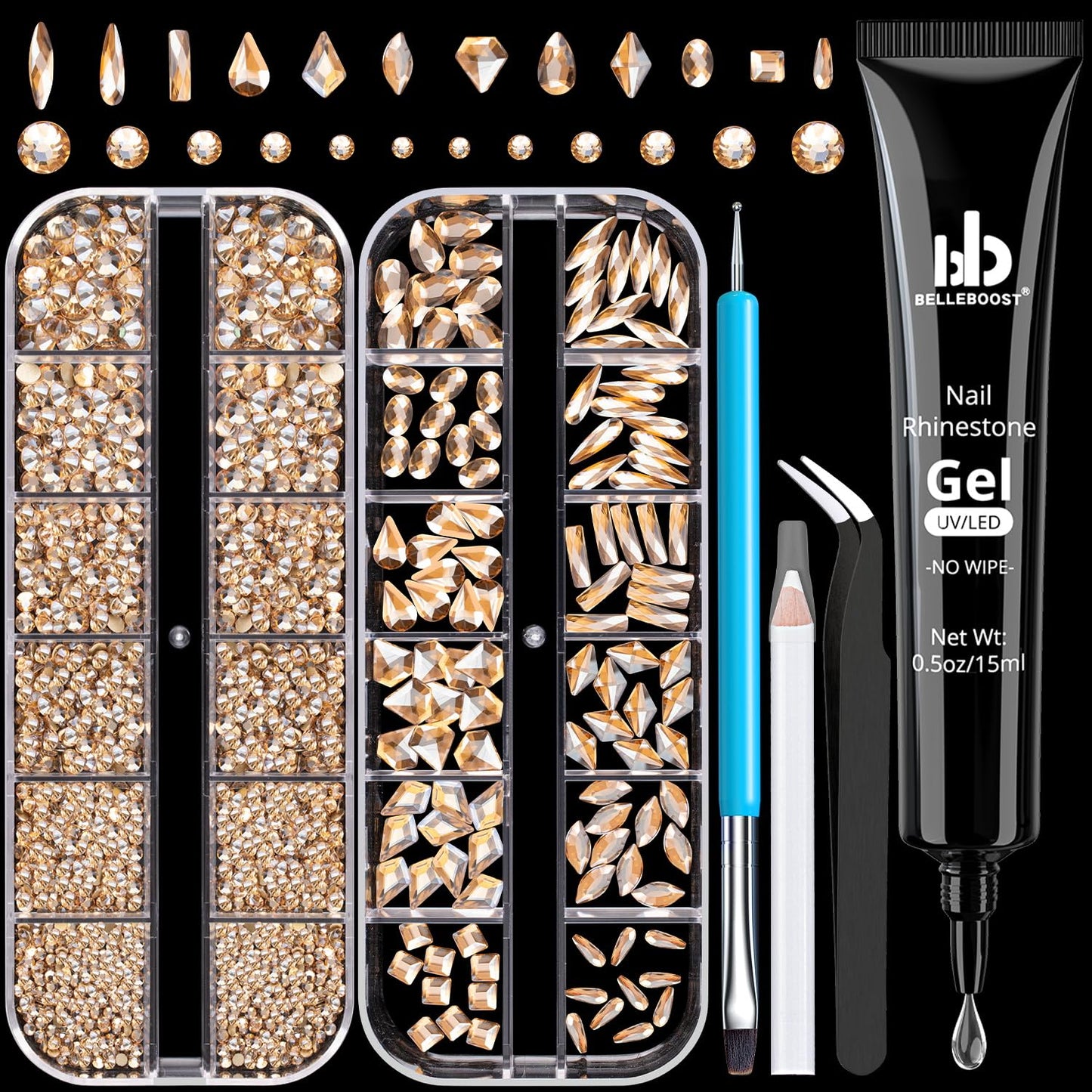 Rhinestones for Nails, Manicure Kit with Rhinestone Glue Gel, Multi Shapes Champagne Glass 3D Nail Charms + Flatback 2-5mm Round Beads & Gem Glue (UV/LED Needed) with Dotting Tools