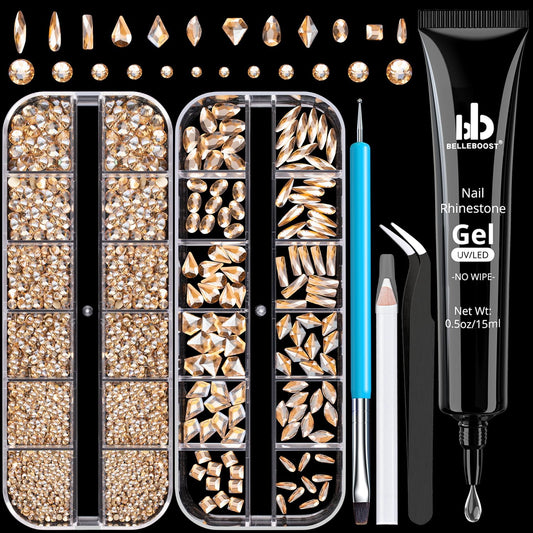 Rhinestones for Nails, Manicure Kit with Rhinestone Glue Gel, Multi Shapes Champagne Glass 3D Nail Charms + Flatback 2-5mm Round Beads & Gem Glue (UV/LED Needed) with Dotting Tools