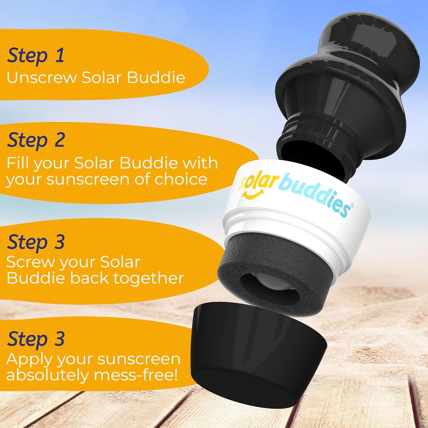 Solar Buddies Bag Bundle & Carabina Clip - Full Black - Refillable Roll on Sponge Sunscreen, Suncream & Lotion Applicator For Kids, Adults & Families - Holds 3.4fl oz, Perfect Size for Travel