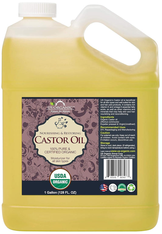 US Organic Castor Oil, Certified Organic, Expeller Pressed, Hexane Free, Natural moisturizing & emollient properties, Skin, Hair Care, Eyelashes, Size for DIY & small manufacturers (128 oz (1 Gallon))