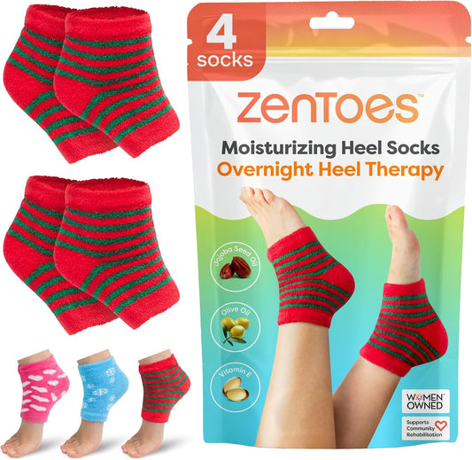 ZenToes Moisturizing Socks for Cracked Heel Treatment - Vitamin E, Olive Oil and Jojoba Oil Infused Heel Socks to Soften and Hydrate (Holiday Stripes, Regular)