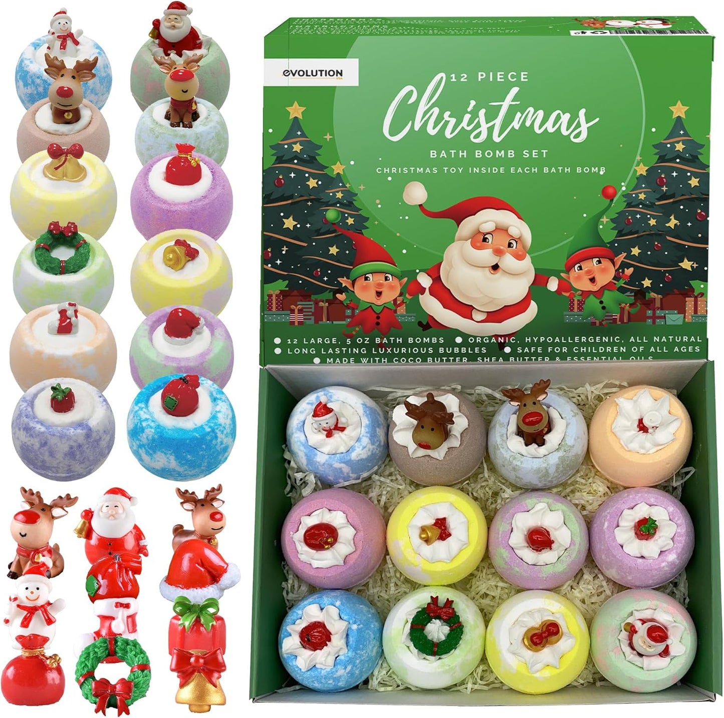 EvolutionUSA - Christmas Bath Bombs for Kids, Holiday Bath Bombs with Surprise Inside, Perfect Christmas Stocking Stuffers or Festive Holiday Bathombs Set, Natural & Hypoallergenic Bath Ball Set