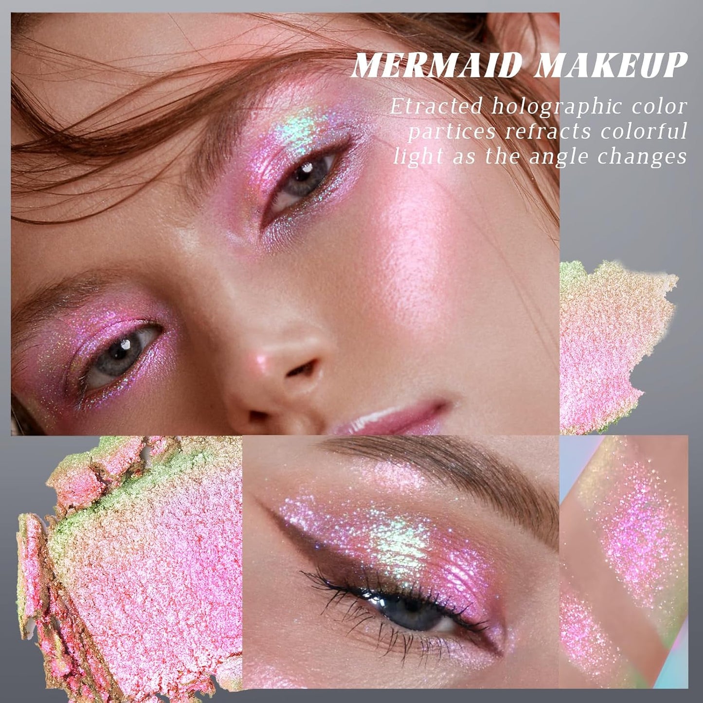 Chameleon Mermaid Pink Glitter Eyeshadow, Cream to Powder Shimmer Multichrome Single Eyeshadow, Sparkling Holographic Color Shifting Eye Brightener Highlighter Makeup Palette 02