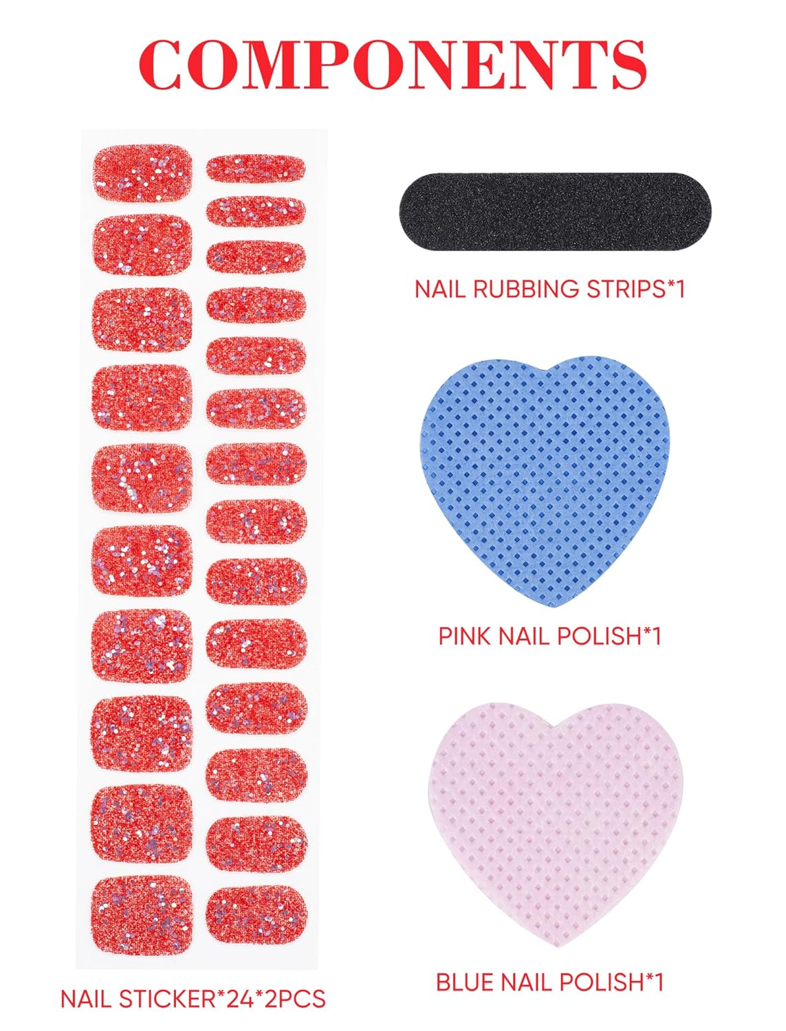 Self-Adhesive Semi Cured Gel Glitter Nail Strips No UV Light Needed, 48 Pcs Press on Color Nail Design Polish Stickers Kit with Nail Files for Women (Deep Red)(Deep Red)
