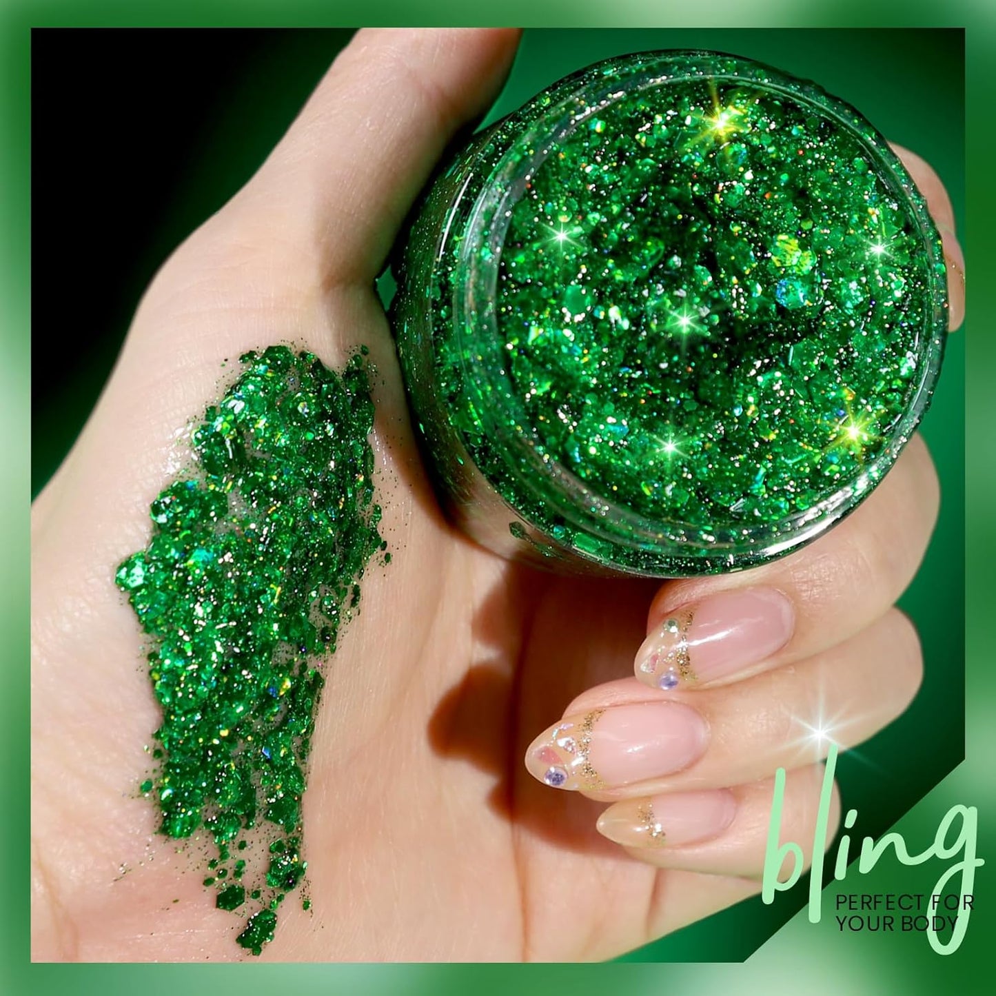 Teenitor Green Body Glitter, Face Glitters, Green Glitter, Body Glitter Gel, Hair Glitter Gel, 80g/2.8oz Holographic Glitter for Face Body Hair, Glitter Makeup for Kids