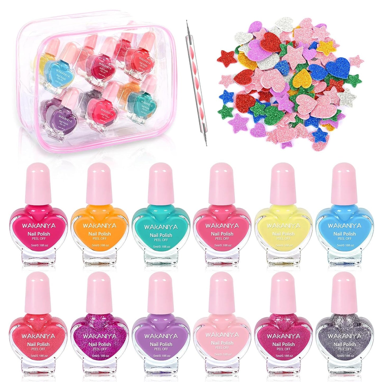 Kids Nail Polish Set - Non Toxic, Quick Dry Peel Off Girls Nail Polish 12 Colors with Glitter Stickers and PVC Organizer Bag