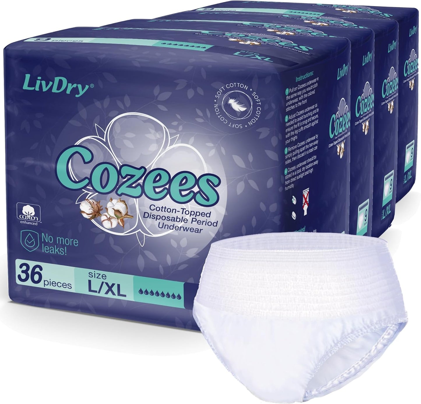 Cozees Disposable Period Underwear for Women, Menstrual and Postpartum High Absorbency, Cotton Covered Comfort, Made in USA (36 Count, Large/X-Large)