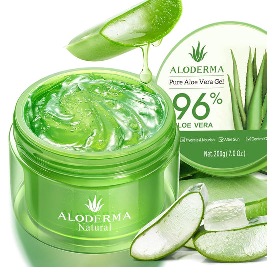 Aloderma Organic Aloe Vera Gel for Face & Body, 96% Pure Aloe Gel Made within 12 Hours of Harvest, Ideal for Skin, Scalp, & Hair Hydration, Calming Moisturizer for Soothing After Sun Care, 7.05oz