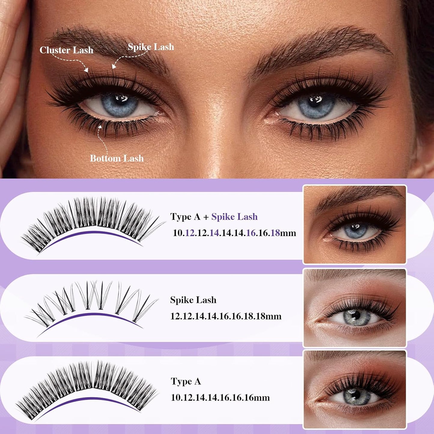 B&Qaugen B&Q Lash Extension Kit 10-16mm Eyelash Extension Kit Multi-Type A Lash Clusters Kit 256PCS Lash Clusters with Bottom Lashes, 7D Wispy Spikes Fans, Bond & Seal, Lash Tweezer （spike-A-10-16mm）