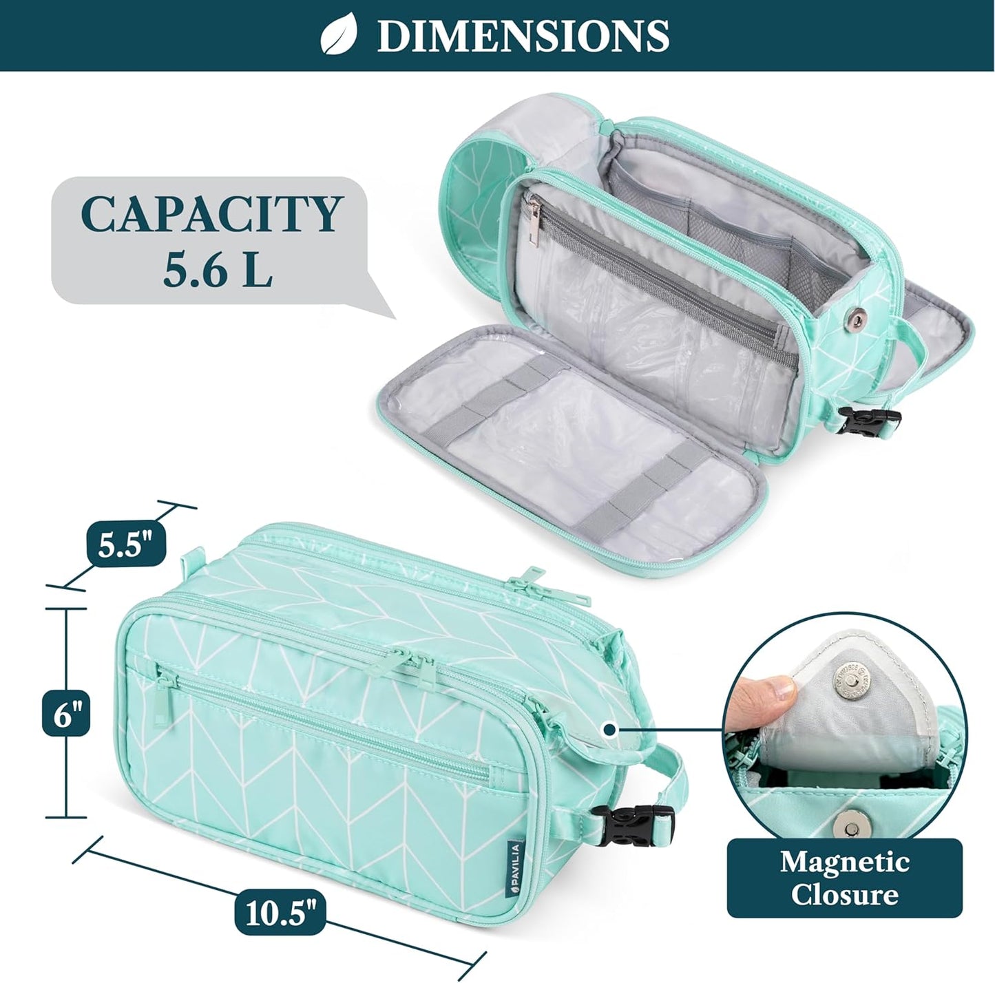 PAVILIA Toiletry Bag for Men Women, Mens Travel Bag Toiletries Organizer Case for Grooming, Travel Essentials Shaving Dopp Kit, PU Leather Water Resistant Cosmetic Pouch, Teal Chevron