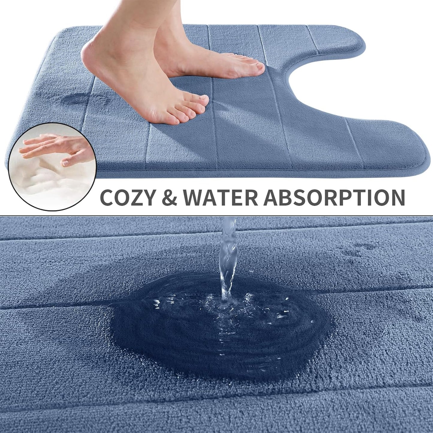 Yimobra Memory Foam Toilet Bath Mat U-Shaped, 24 X 20 Inches,Soft and Comfortable, Super Water Absorption, Non-Slip, Machine Wash and Easier to Dry for Bathroom Commode Contour Rug, Denim Blue