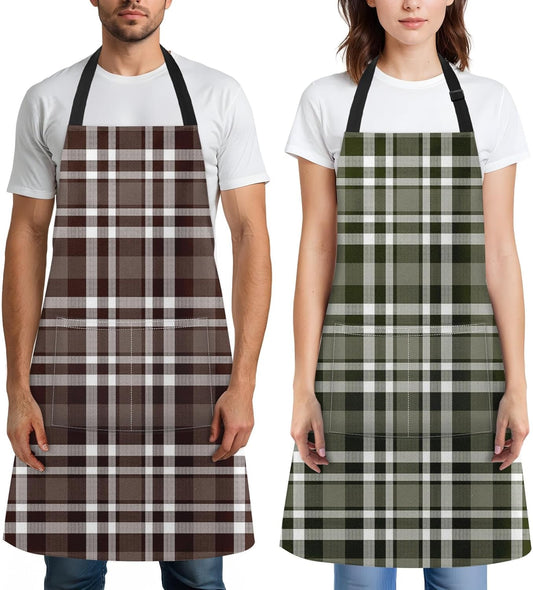 2 Pack Aprons, Plaid Check Grid Adjustable Bib Aprons with 2 Pockets for Women Men Couple Lovers Chef Home Kitchen Cooking Baking Gardening Dark Brown Green Apron 32x28 Inches