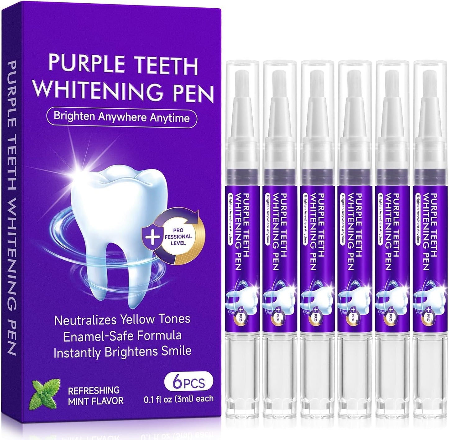 Teeth Whitening Pen 6 Pack, Professional Purple Teeth Whitening Gel for Rapid Stain Removal, No Sensitivity Formula for Sensitive Teeth, Mint Fresh Breath