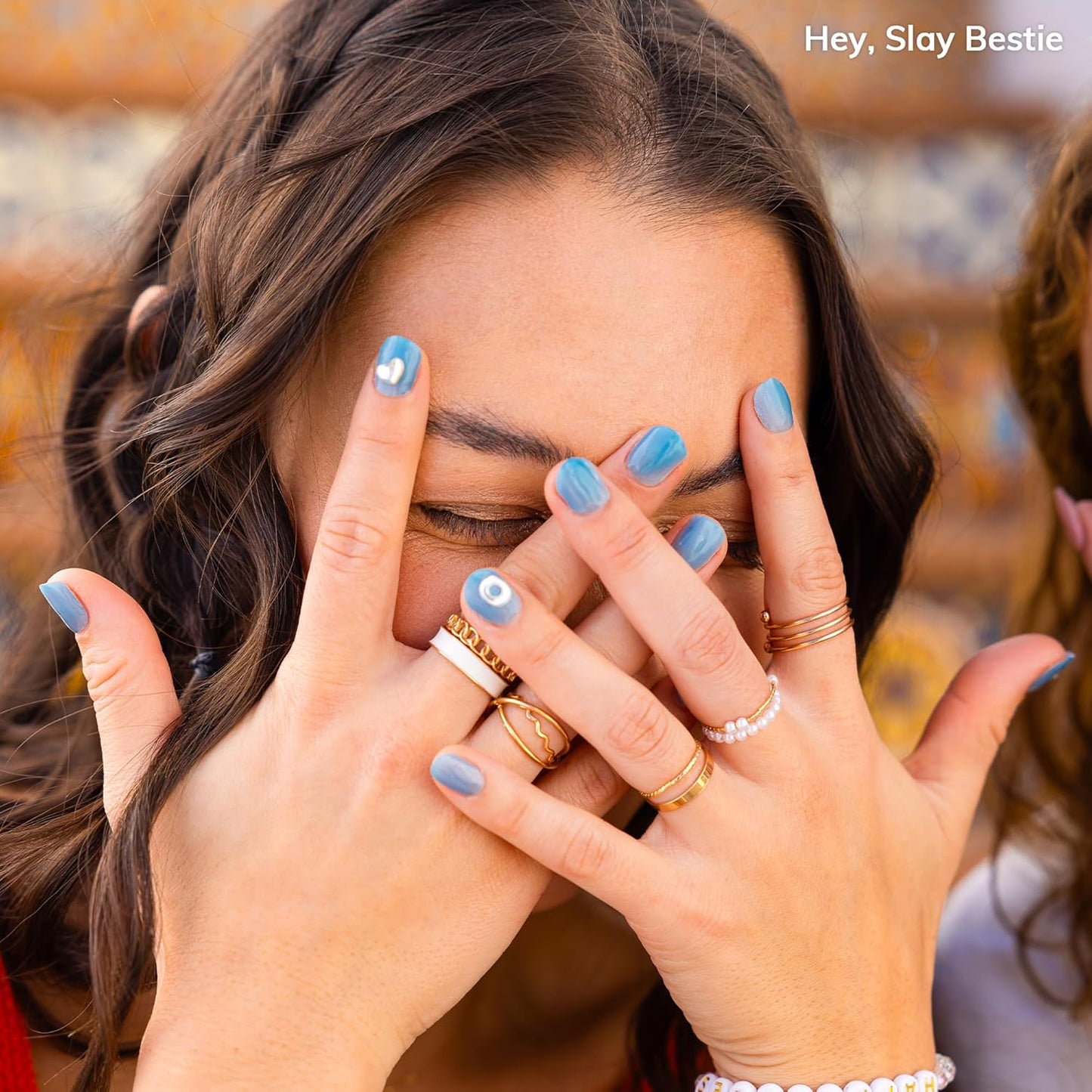 Semi Cured Gel Nail Strips | No LED Lamp Needed | Solid, Blue | Easy Apply & Remove, Salon Quality | Includes 28 Strips, 1 Prep Pads, Nail File & Wooden stick - Hey, Slay Bestie