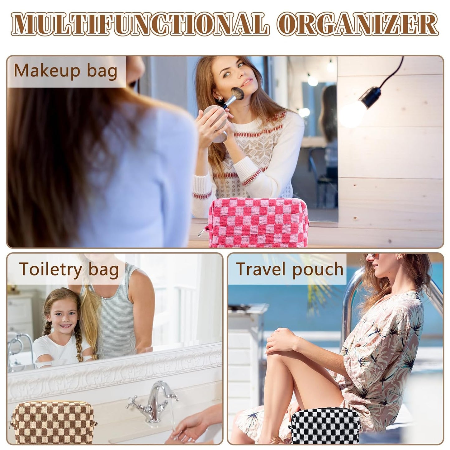 ZLFSRQ 4Pcs Checkered Pencil Case Cute Pencil Pouch for Teens Checkered Makeup Bag Medium Travel Cosmetic Bag Makeup Pouch for Purse Aesthetic Trendy Zipper Toiletry Bags(Green/Black/Pink/Brown)