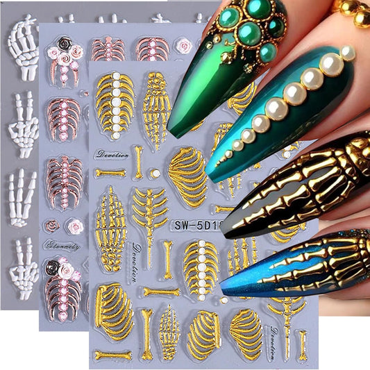 5D Embossed Halloween Nail Stickers for Nail Art Kit 3 Sheets Halloween Skull & Skeleton Nail Art Stickers Decals Gothic Nails Design Rose Gold Hand Bone Nail Supplies for Women Holiday Nails Decor