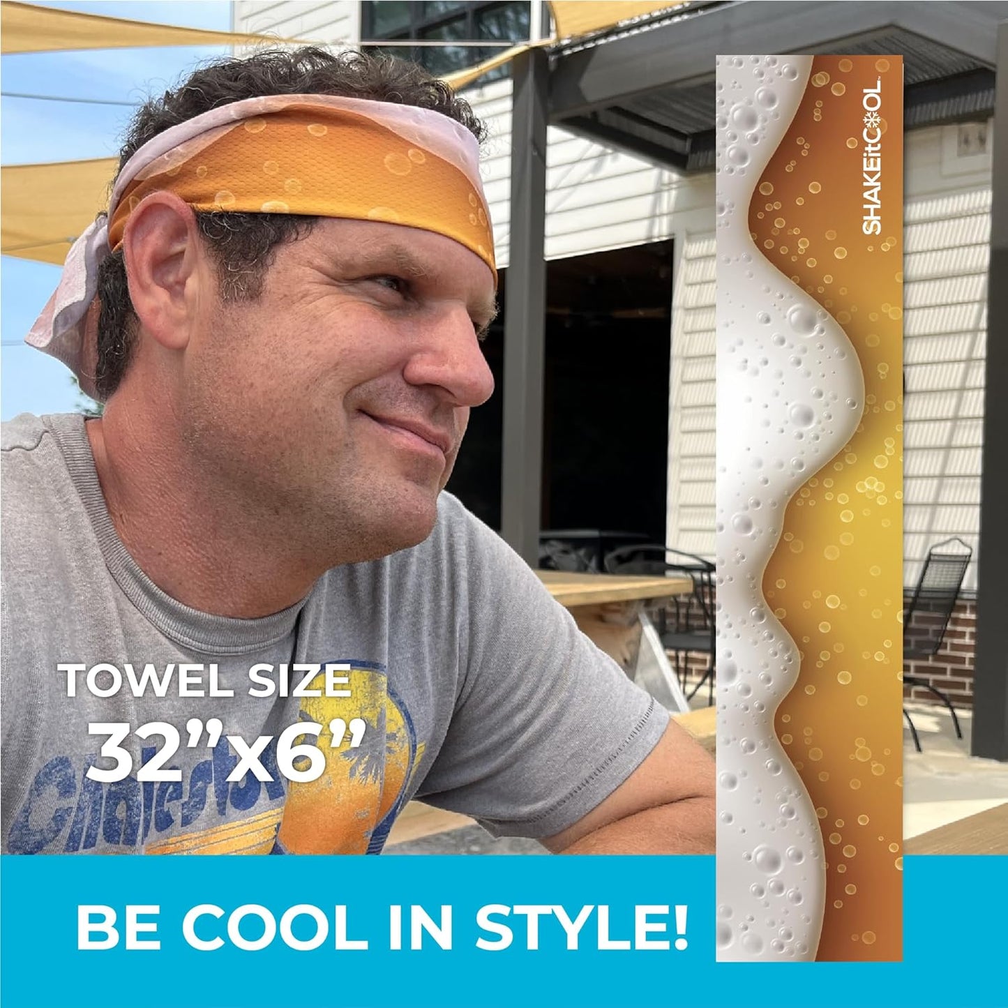 SHAKEitCOOL Original Cooling Towel – Be Cool in Style - Heat Relief, Soft, Lightweight, Sun Protection, Easy Clean - Perfect for Biking, Running, Yoga, Gym, Gardening - Beer
